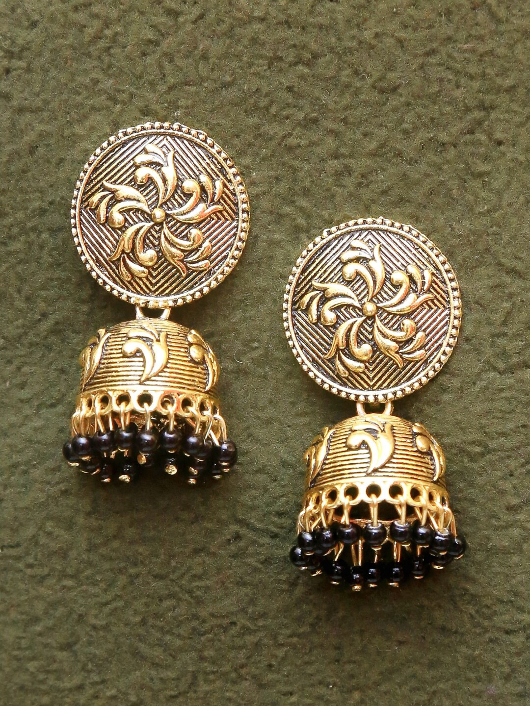 

Crunchy Fashion Gold-Plated Oxidised Dome Shaped Jhumkas