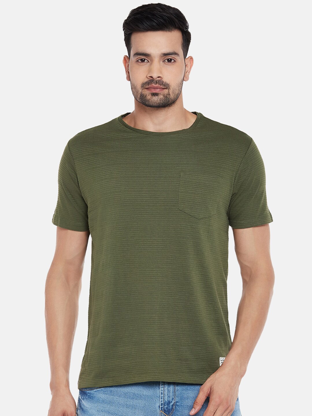 

SF JEANS by Pantaloons Men Olive Green Self Design Round Neck T-shirt