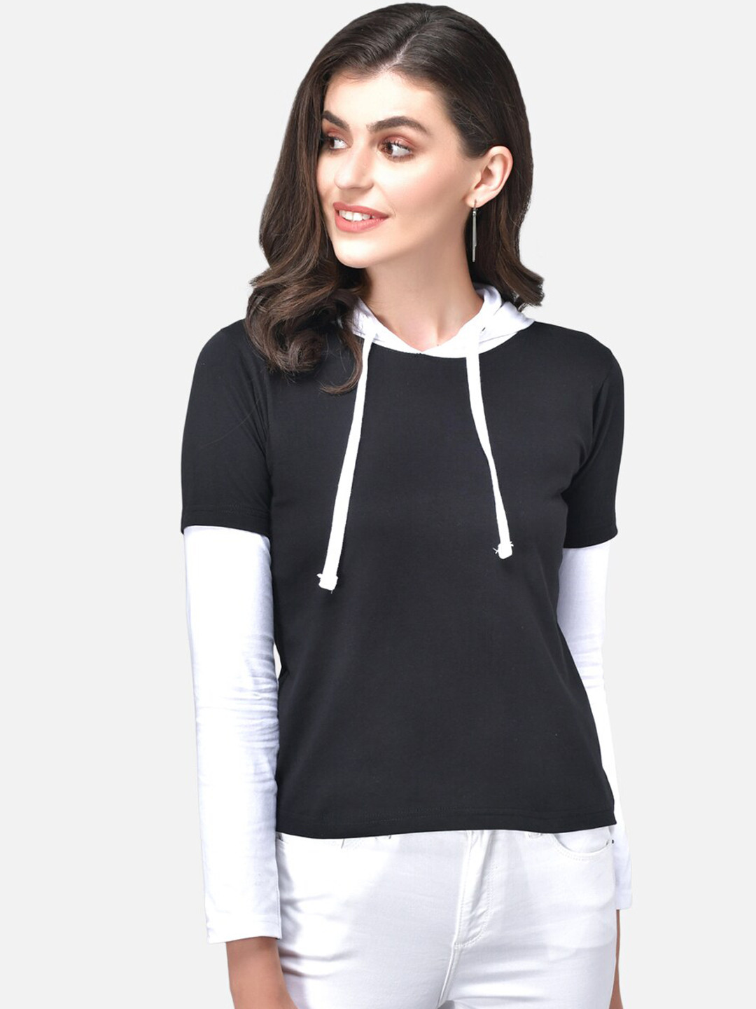 

The Dry State Women Black Solid Hood T-shirt