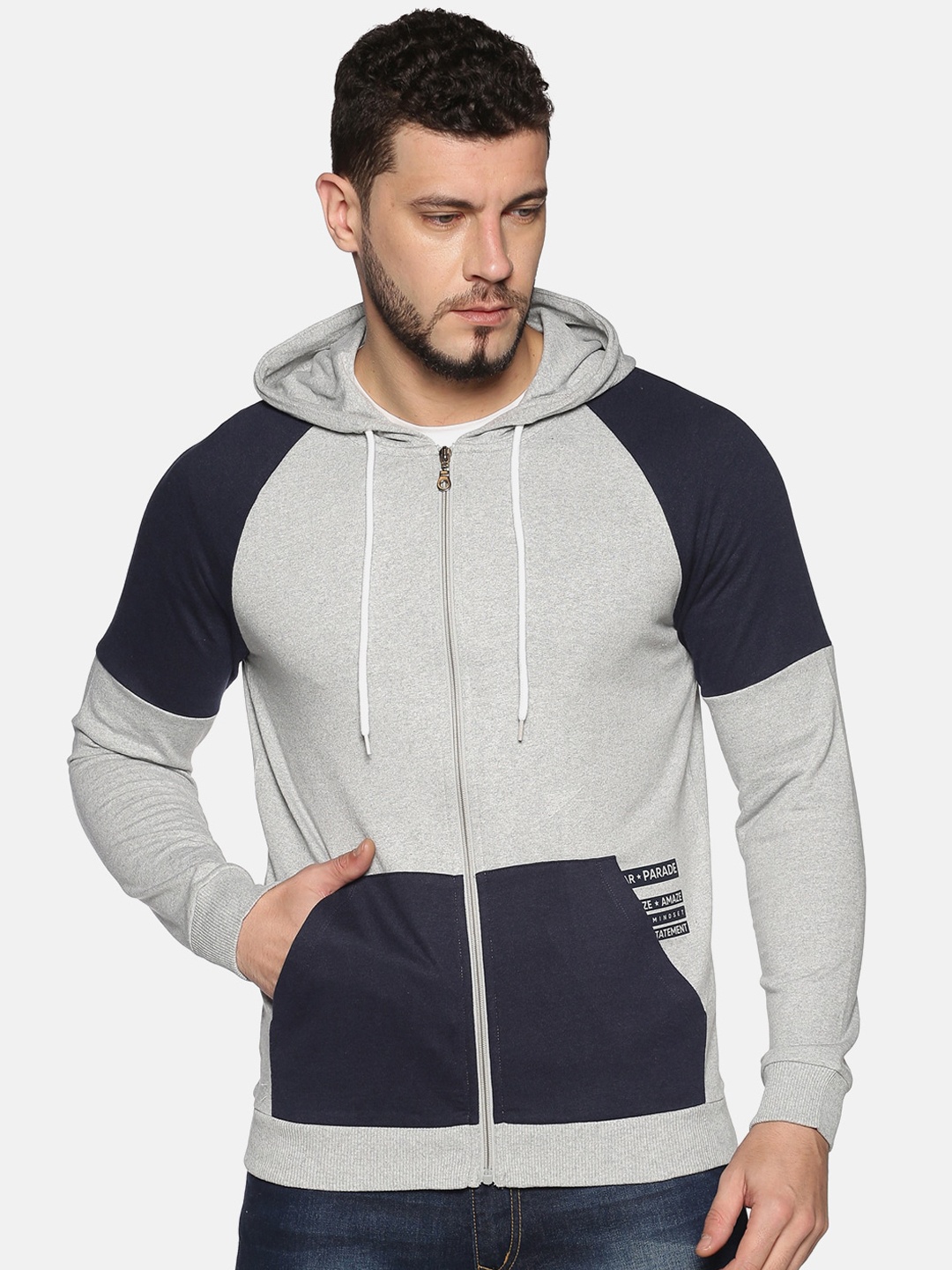 

UrGear Men Grey Melange & Navy Blue Colourblocked Hooded Sweatshirt