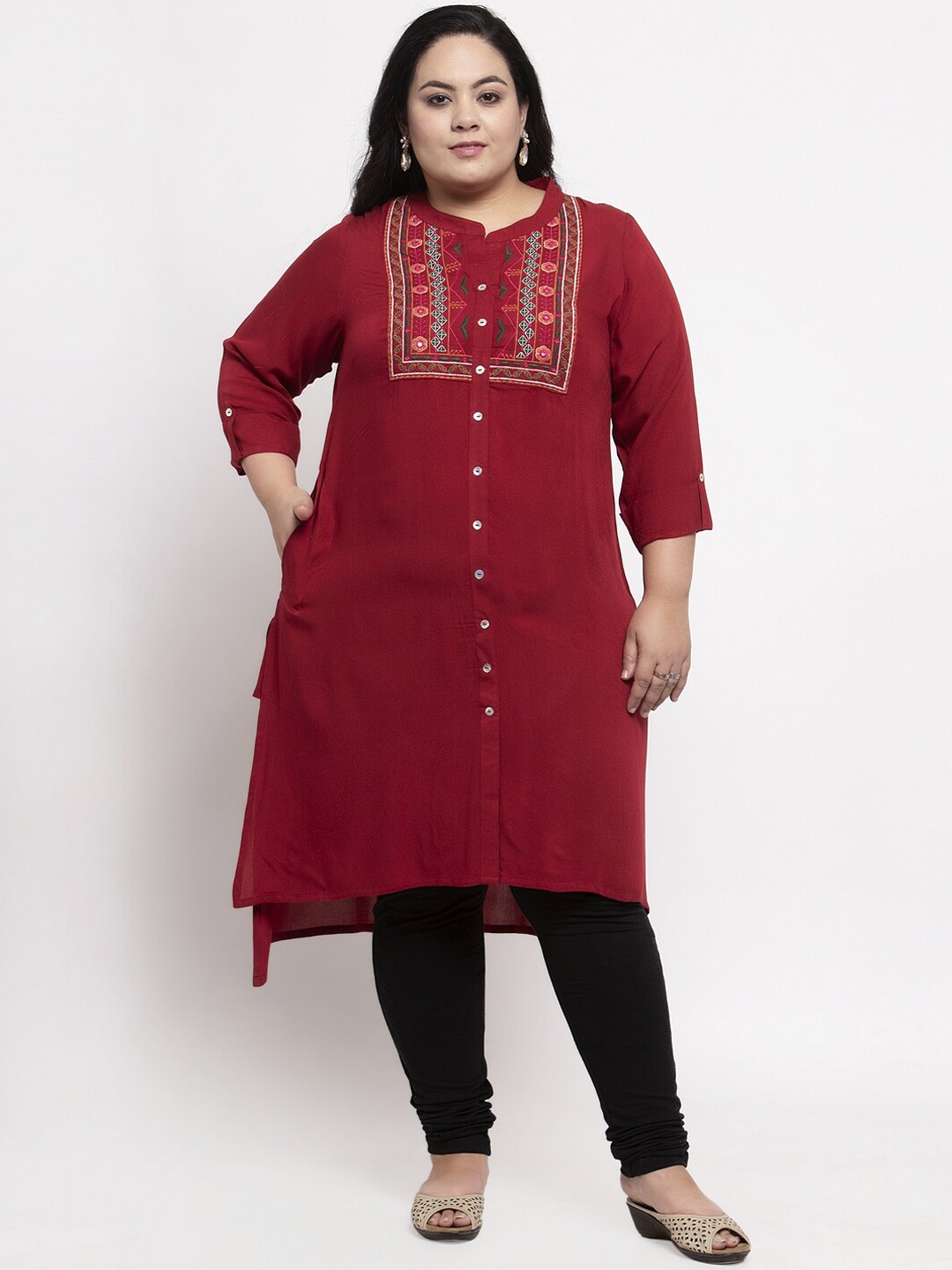 plusS Women Maroon Yoke Design A-Line Kurta