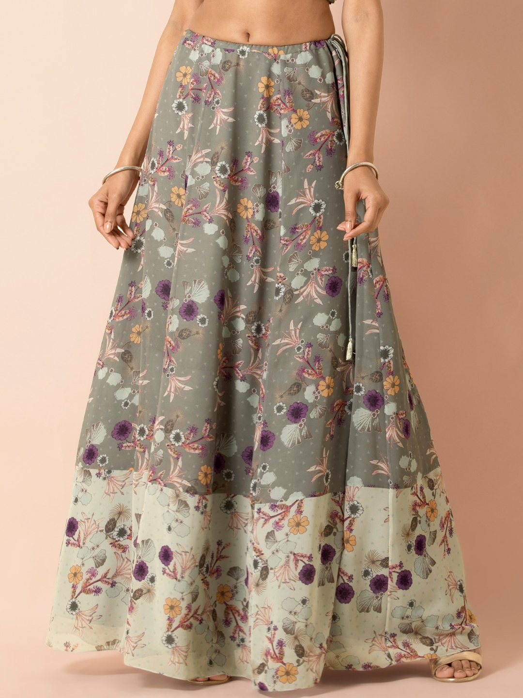 

INDYA X Payal Singhal Women Grey & Purple Floral Printed Maxi-Length Flared Skirt