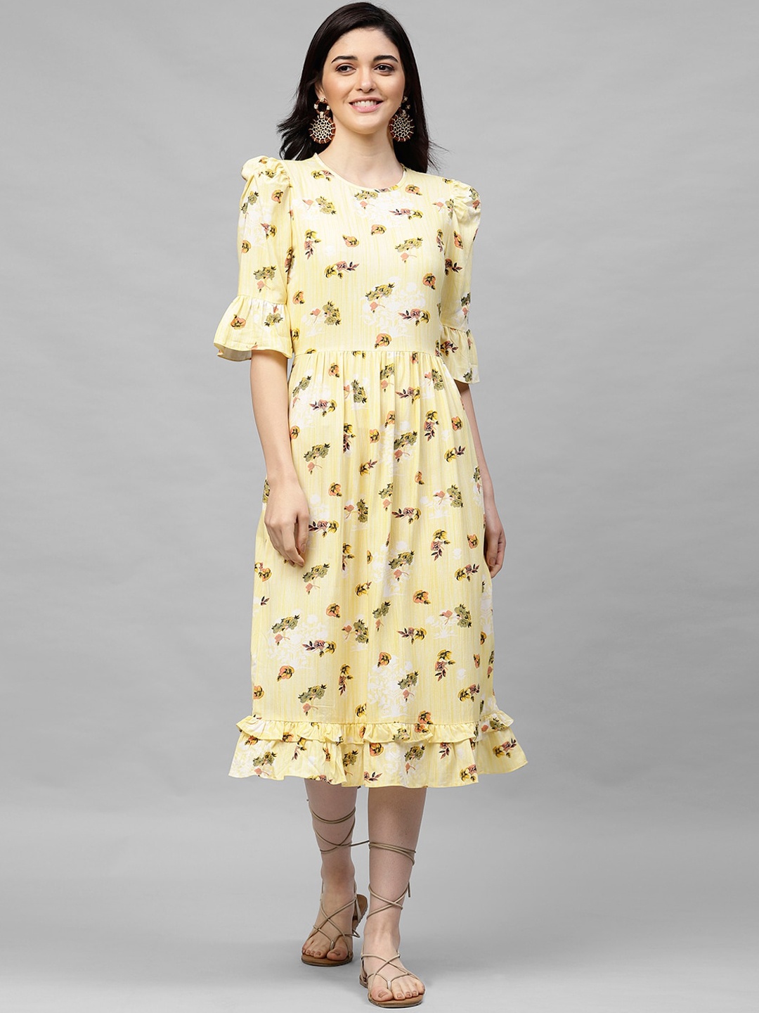

Athena Women Yellow Printed A-Line Dress