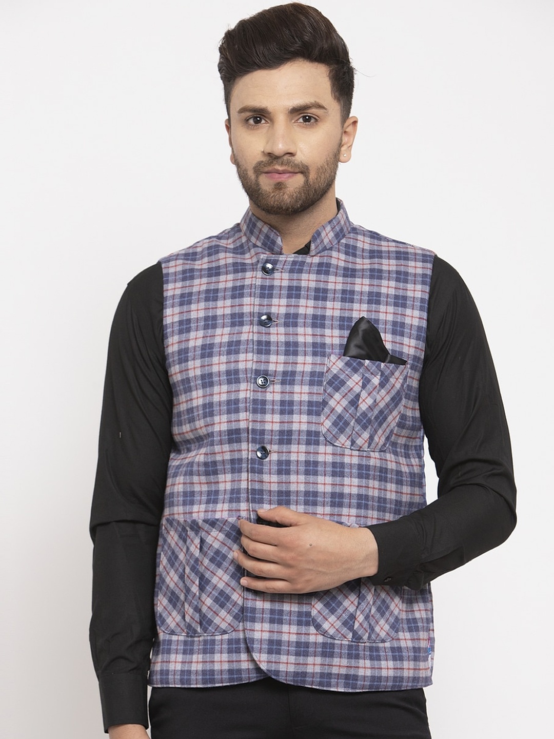 

KLOTTHE Men Blue & Grey Checked Nehru Jacket