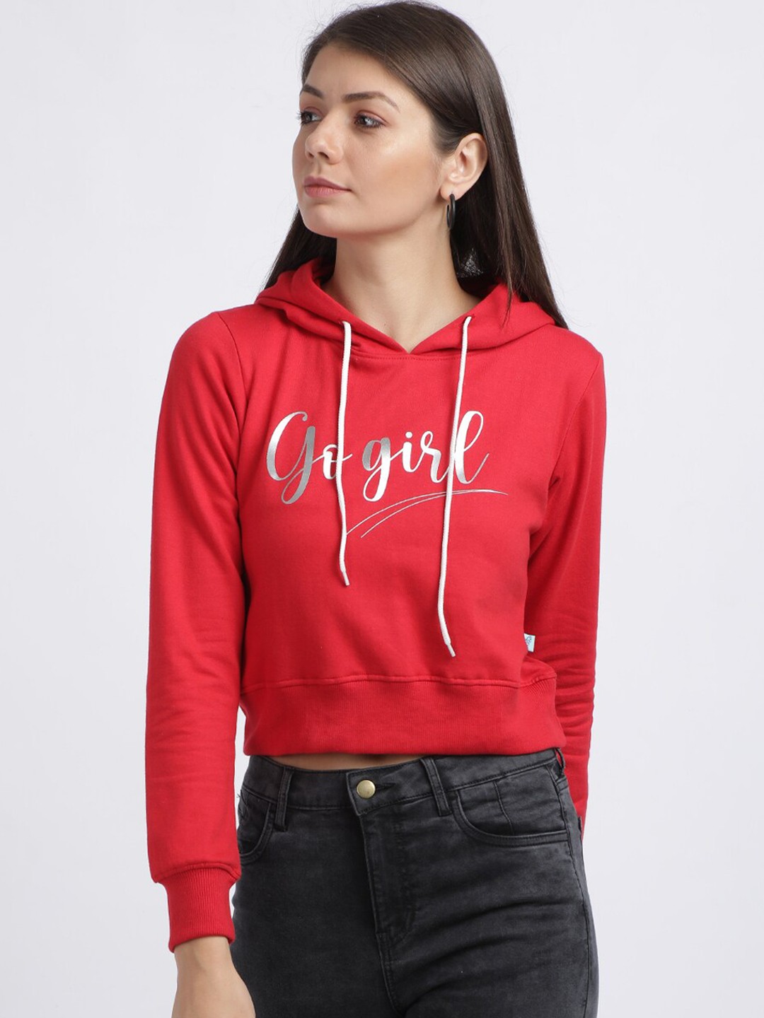 

BEVERLY BLUES Women Red Printed Hooded Crop Sweatshirt