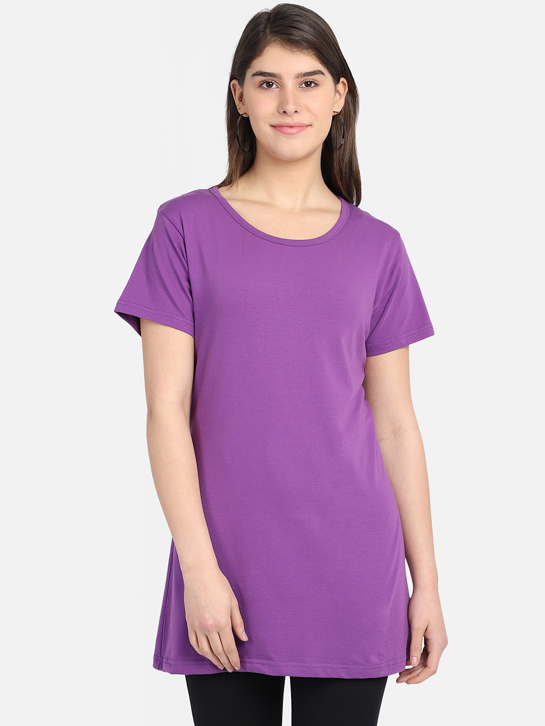 PROTEENS Women Purple Solid Round Neck Plus Size Long T-shirt