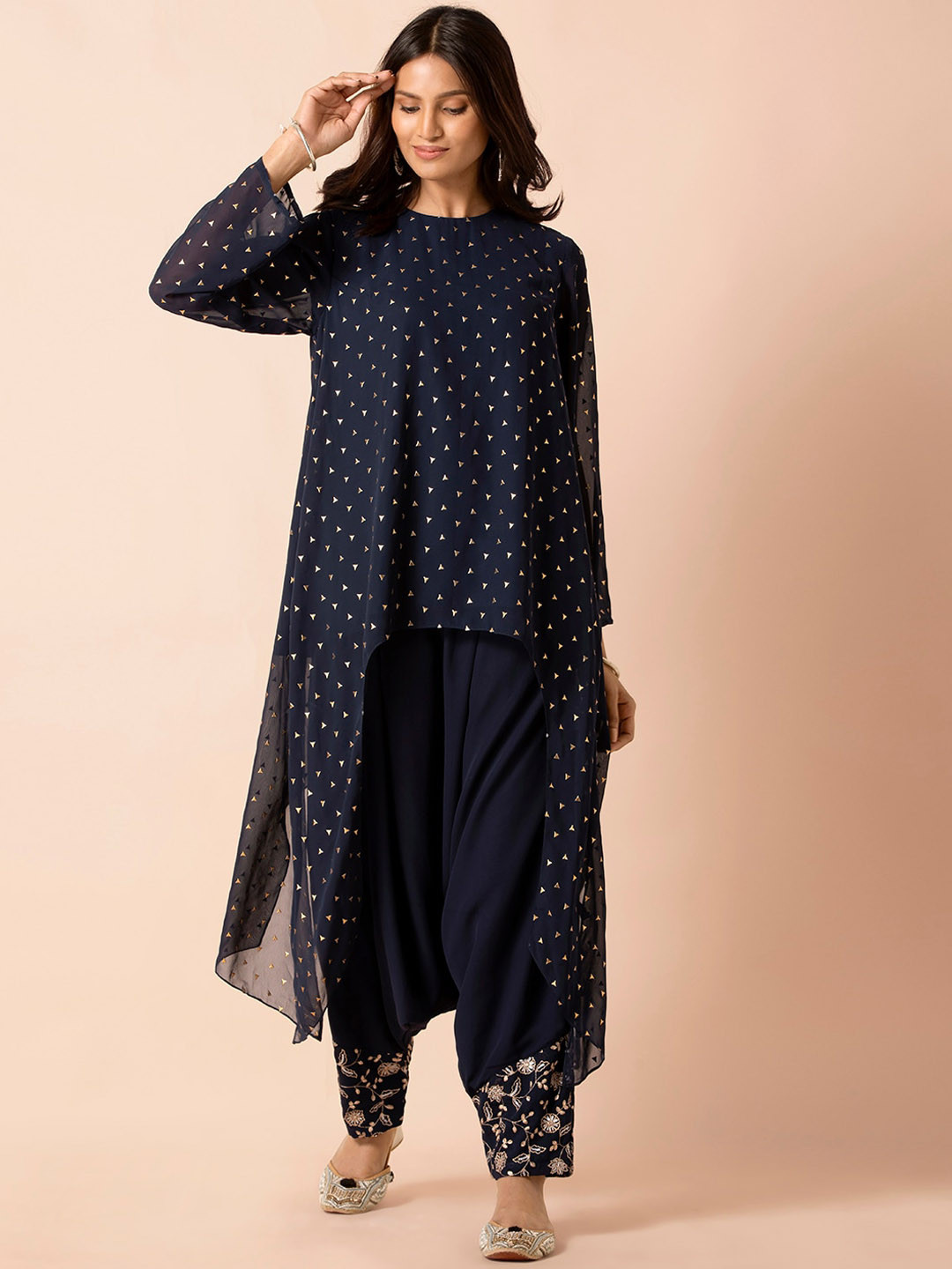 

INDYA Payal Singhal for Indya Navy Foil High Low Kurta, Navy blue