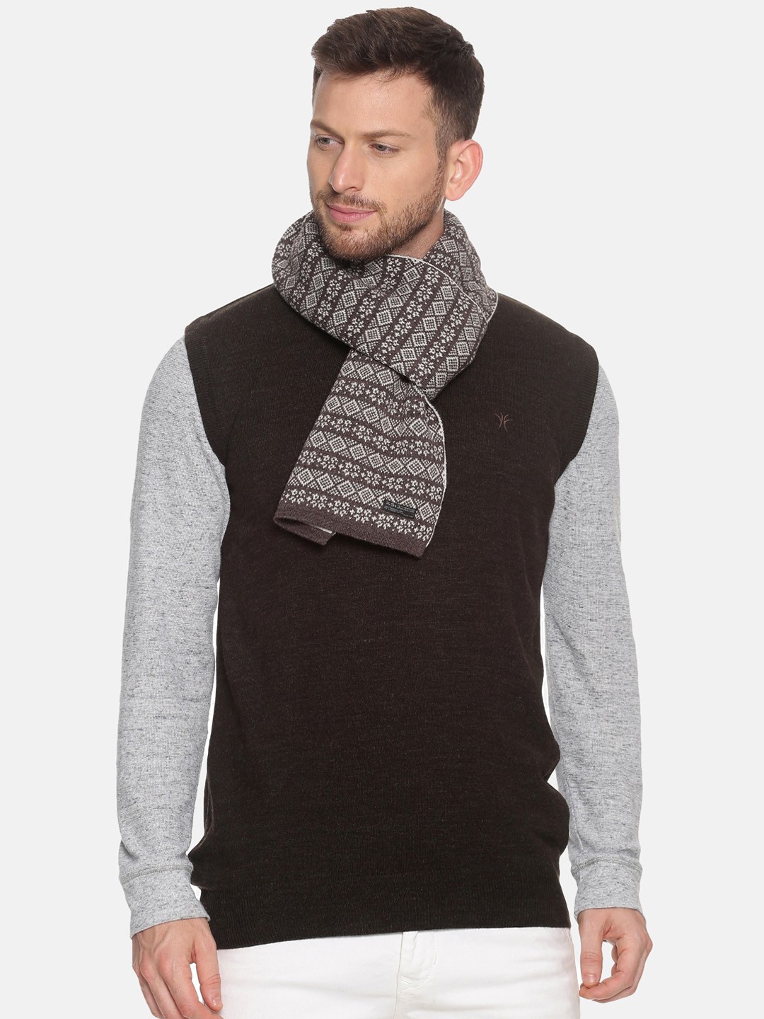 

513 Men Brown & White Self Design Muffler