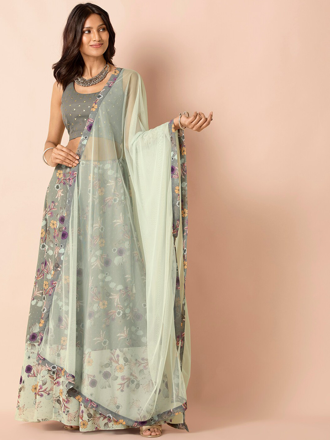 

INDYA X PAYAL SINGHAL Grey Solid Floral Border Dupatta