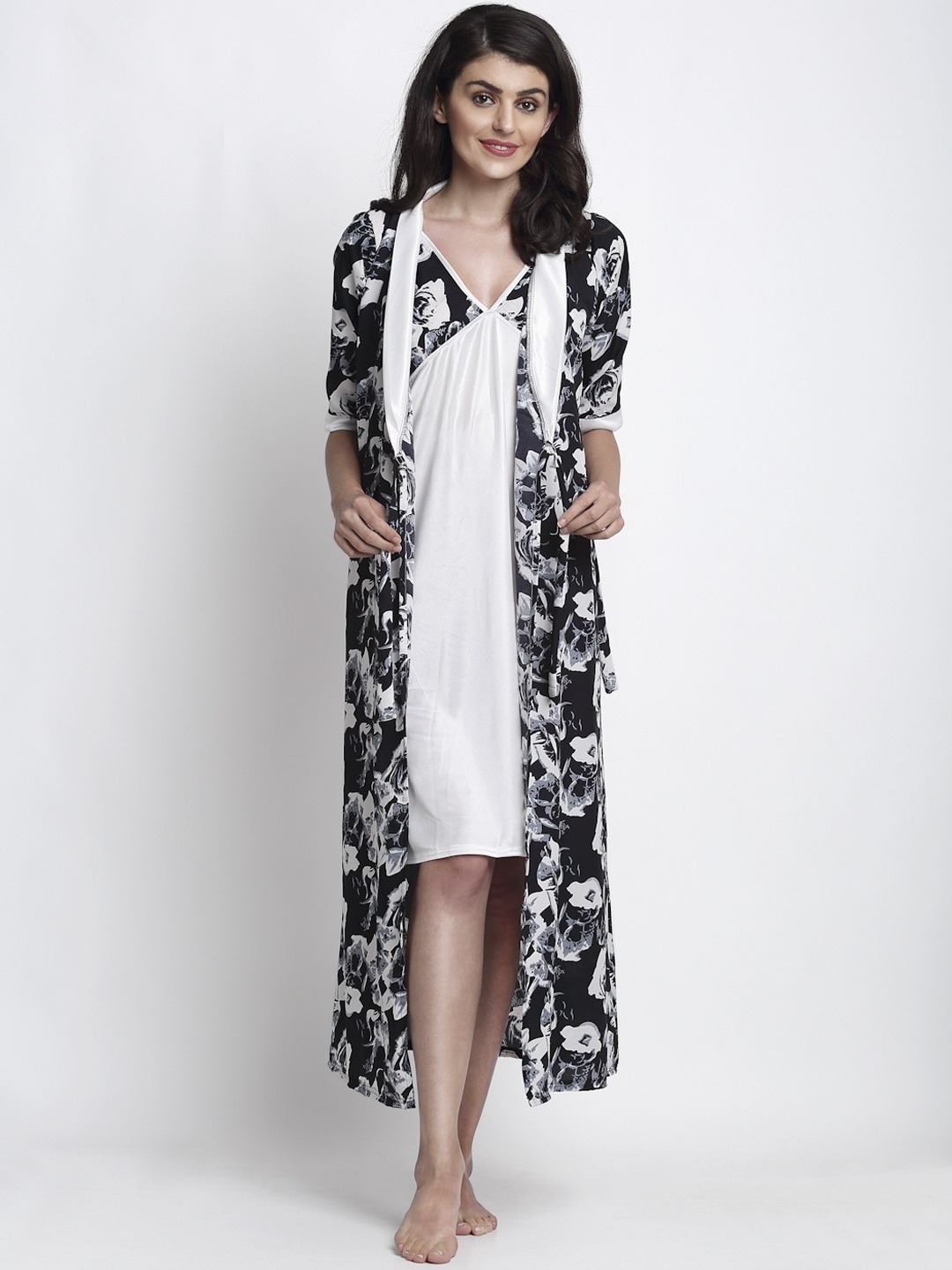 

Claura White & Black Printed Nightdress With Robe