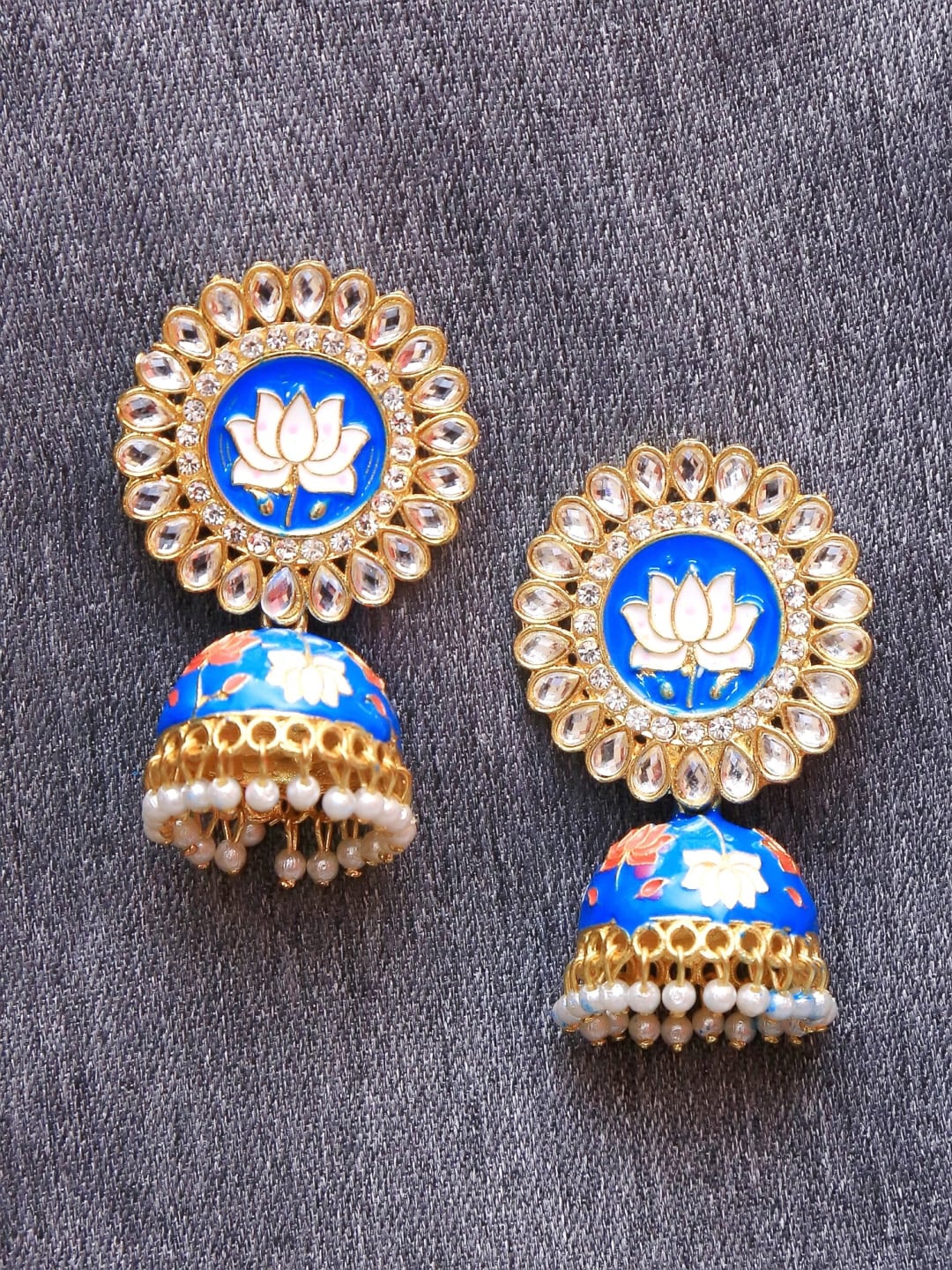 

Crunchy Fashion Gold-Plated & Blue Dome Shaped Jhumkas