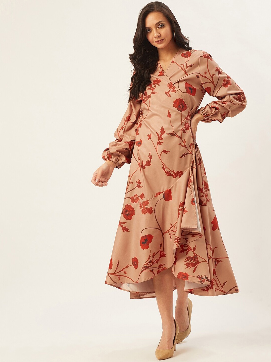 

ANVI Be Yourself Women Peach-Coloured Floral Print Wrap Dress