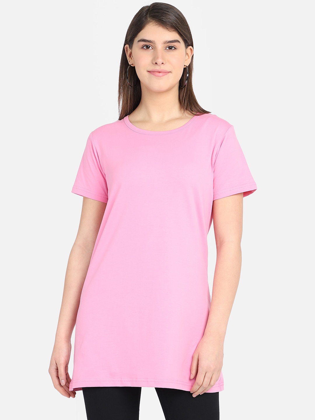 

PROTEENS Women Pink Solid Round Neck Plus Size Long T-shirt