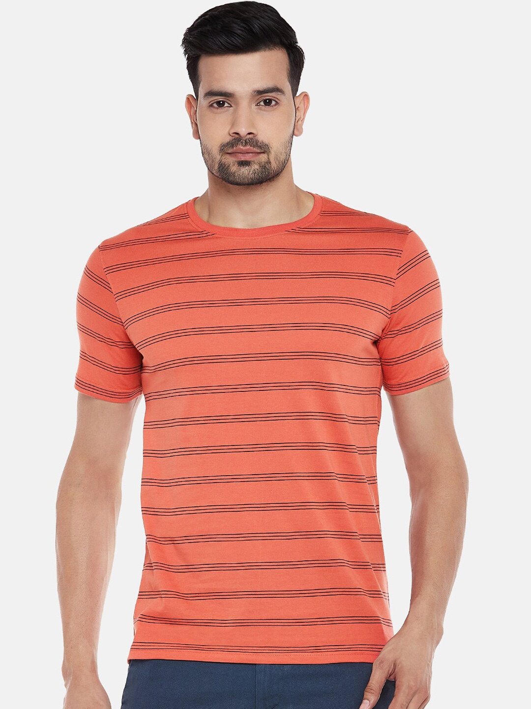 

BYFORD by Pantaloons Men Coral Striped Round Neck T-shirt