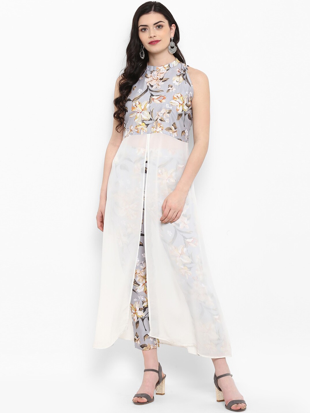 

ZIYAA Women Grey & White Printed A-Line Kurta