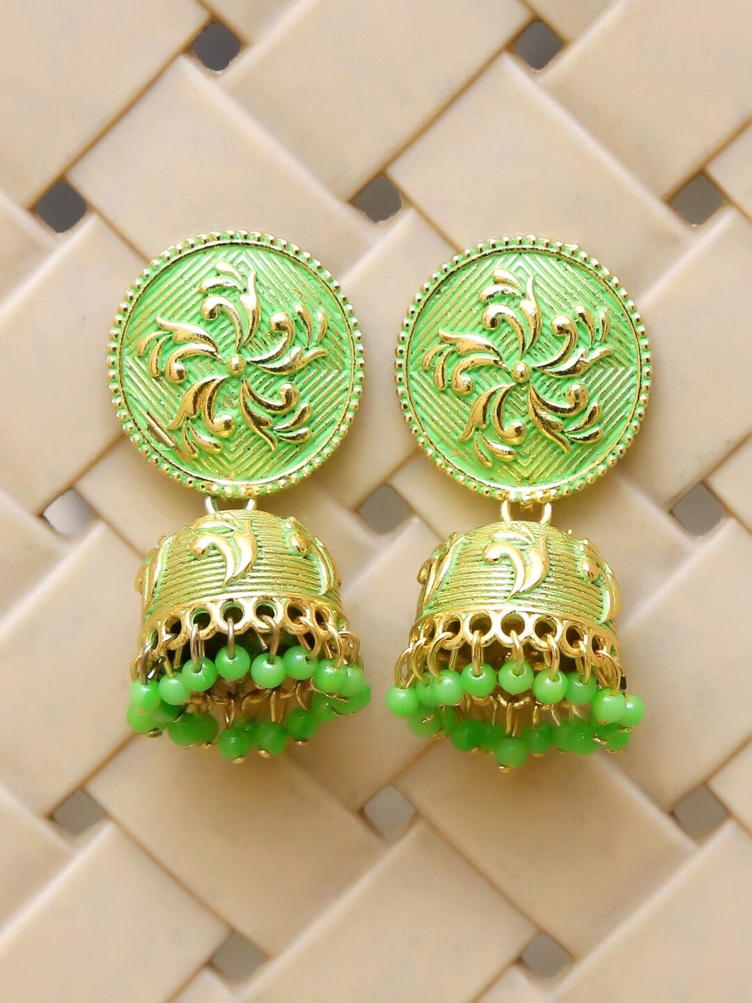 Crunchy Fashion Gold-Plated & Green Dome Shaped Jhumkas