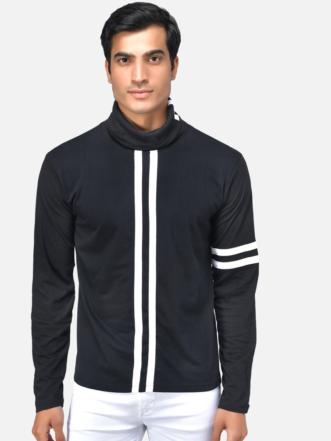 

The Dry State Men Black Striped High Neck T-shirt