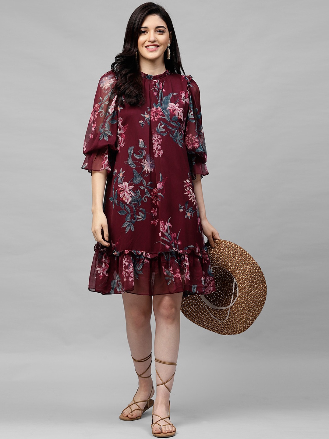 

Athena Maroon & PInk Floral Printed A-Line Dress