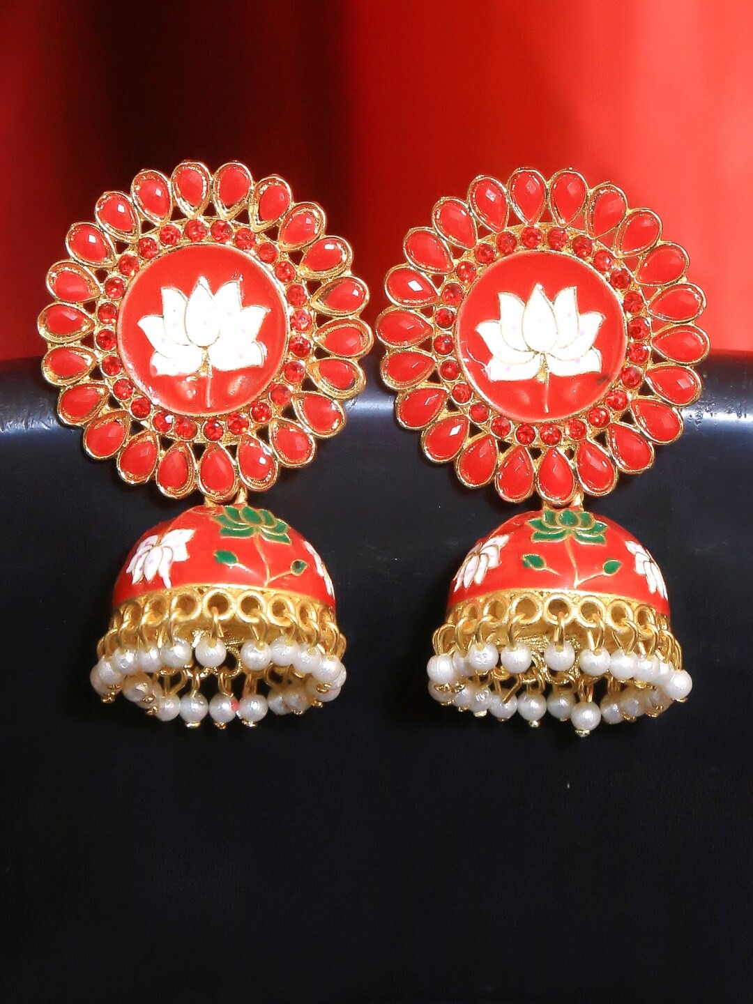 

Crunchy Fashion Red Gold-Plated Dome Shaped Jhumkas