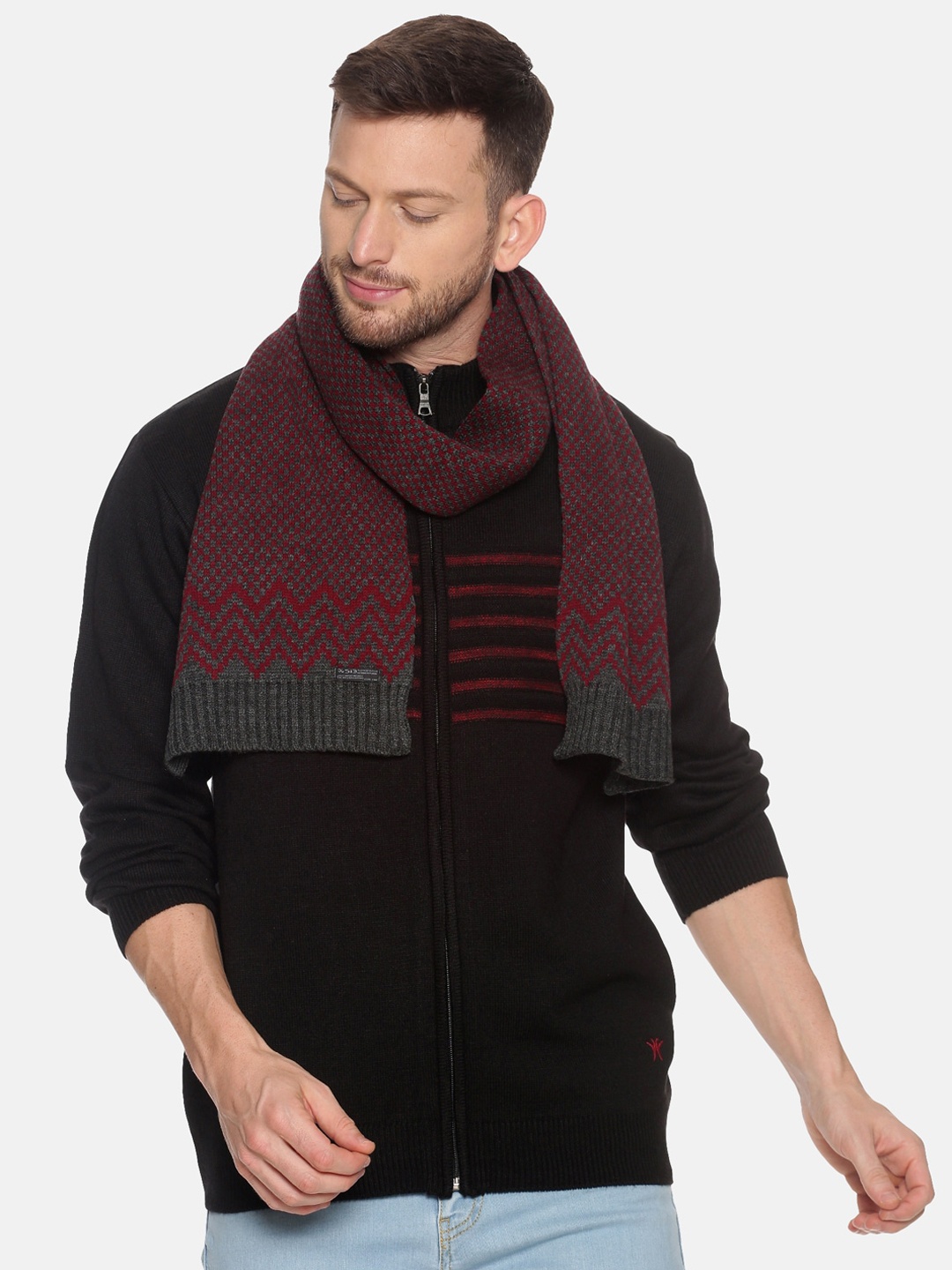 513 Men Maroon & Charcoal Grey Woven Design Mufflers