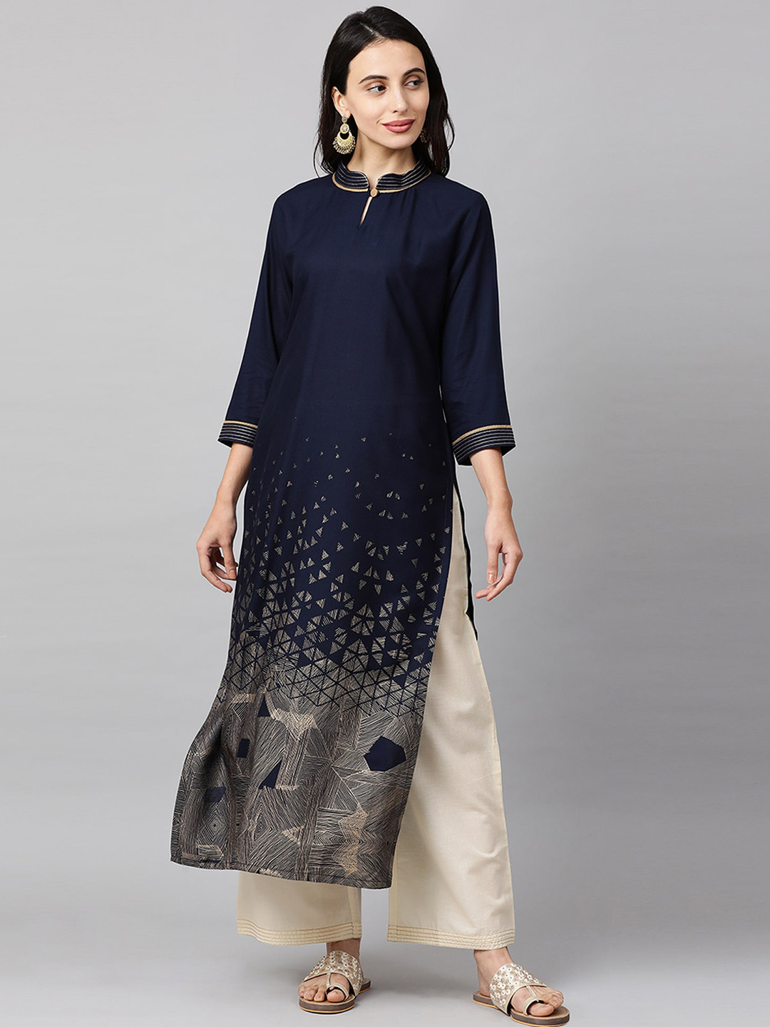 

Indo Era Women Navy Blue Printed Straight Kurta