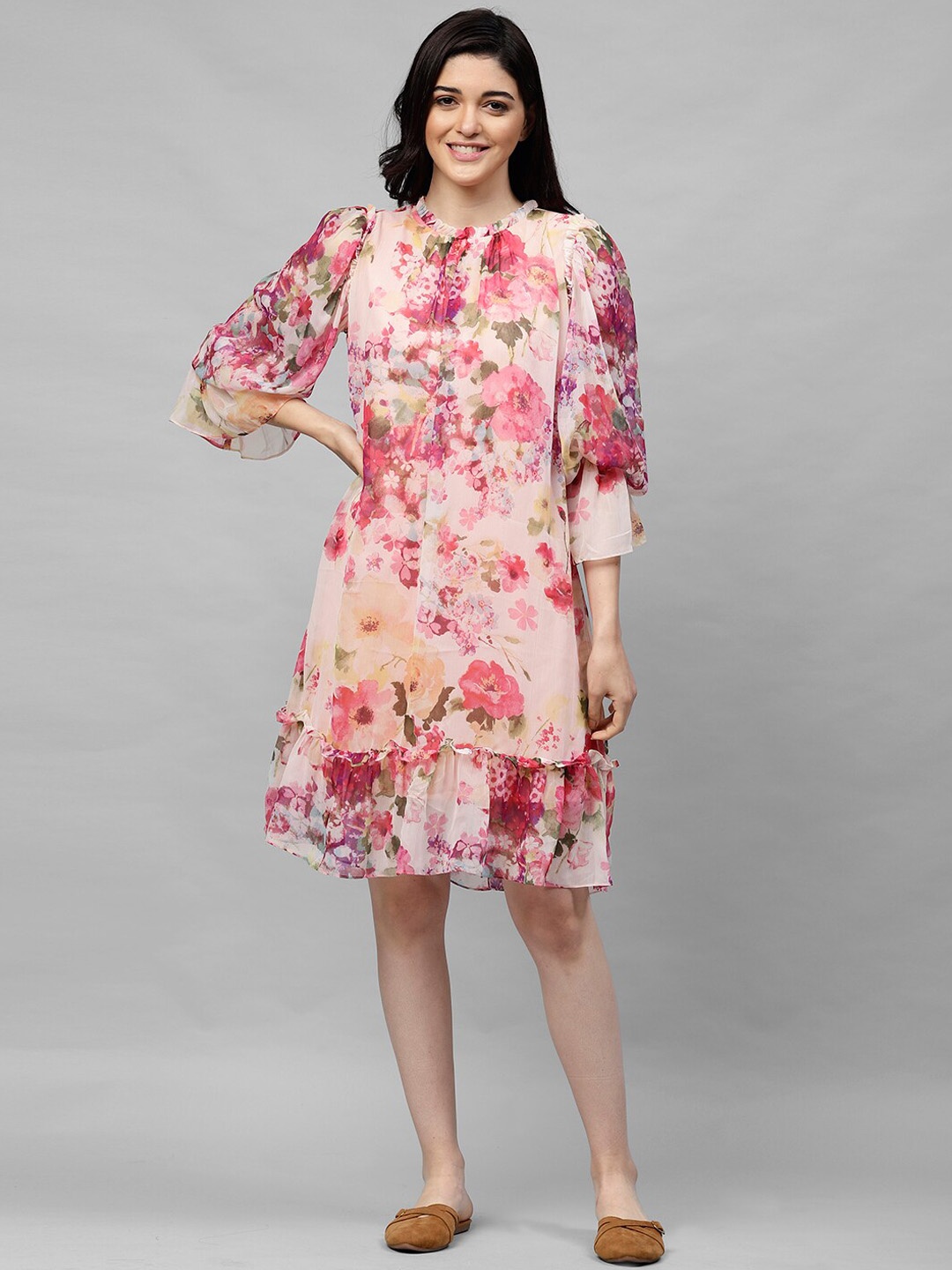 Athena Women Pink Floral Printed A-Line Dress