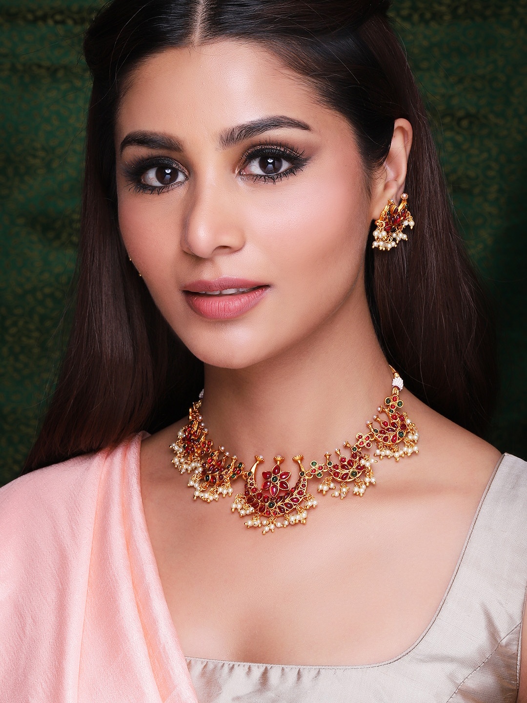 

Rubans Gold-Plated Red & Green Artificial Stones & Beads Studded Handcrafted Jewellery Set