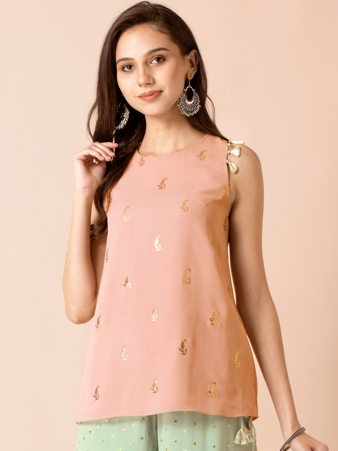 

INDYA X PAYAL SINGHAL Women Pink Mukaish Printed Top