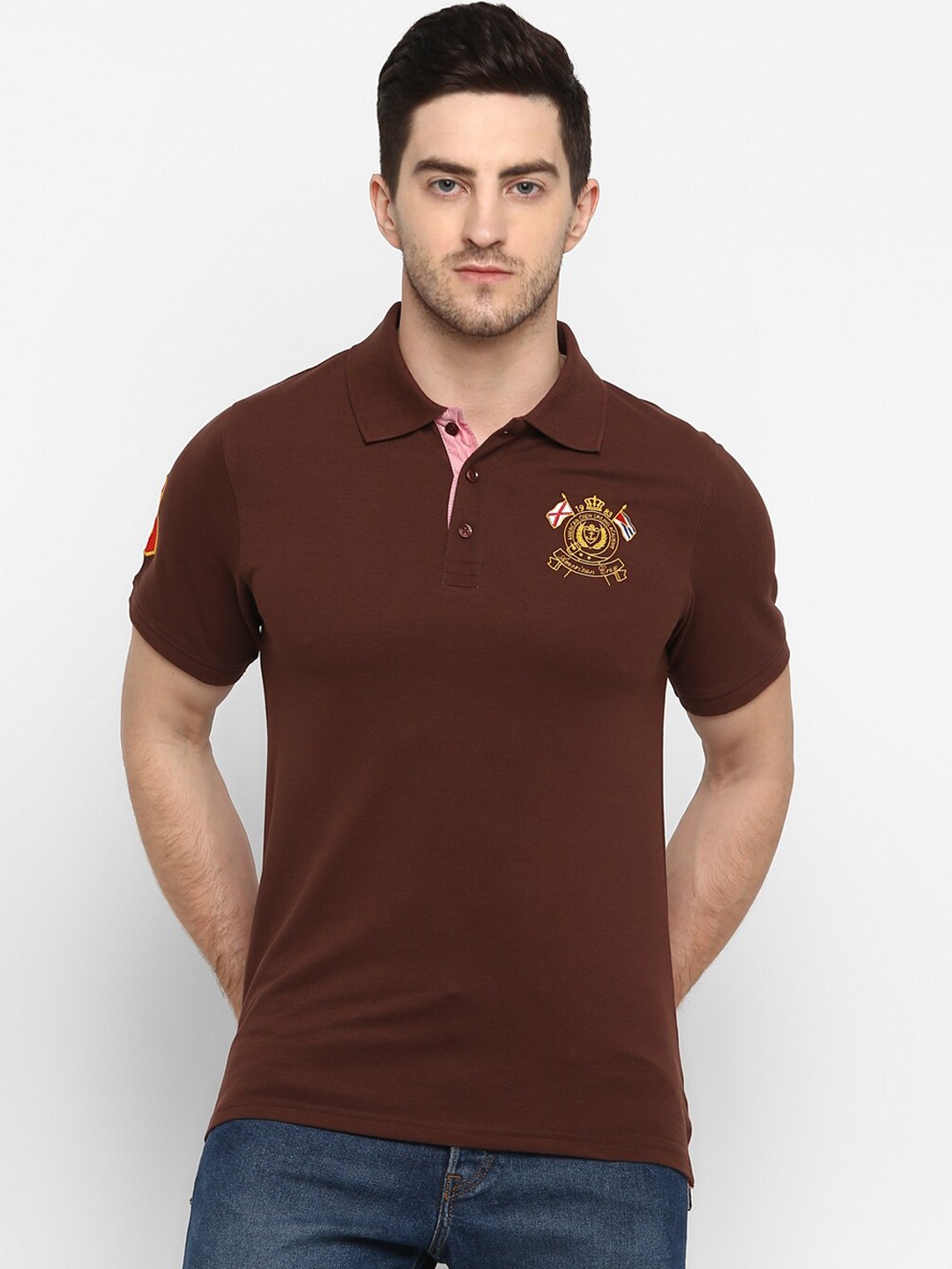 

American Crew Men Brown Solid Polo Collar T-shirt