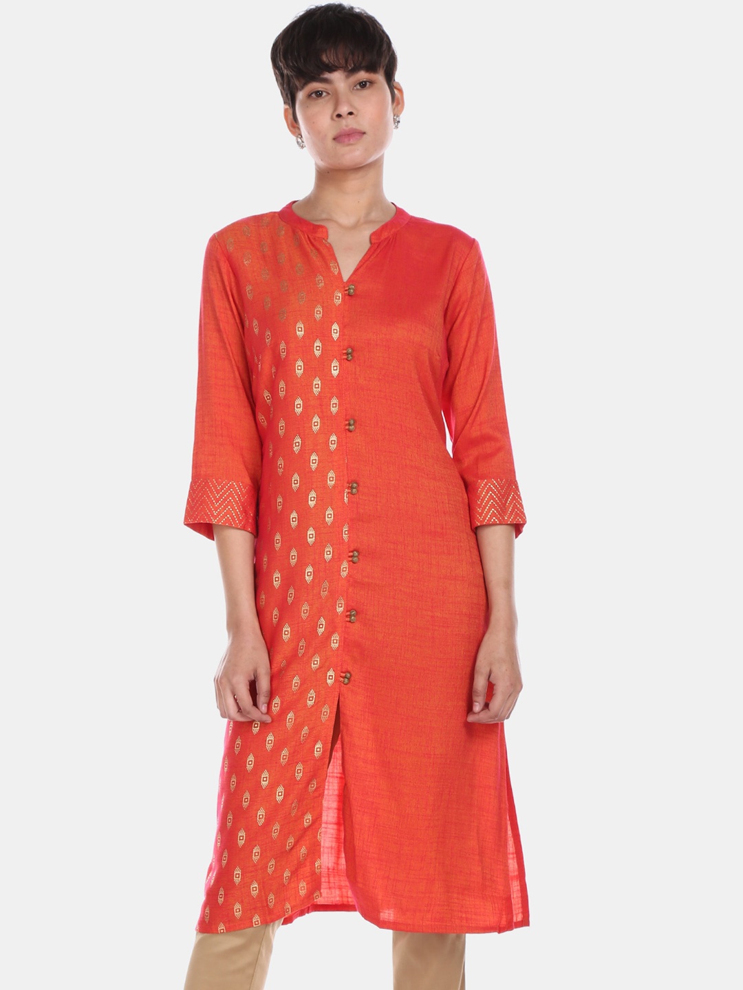 

Bronz Women Orange Printed Straight Kurta