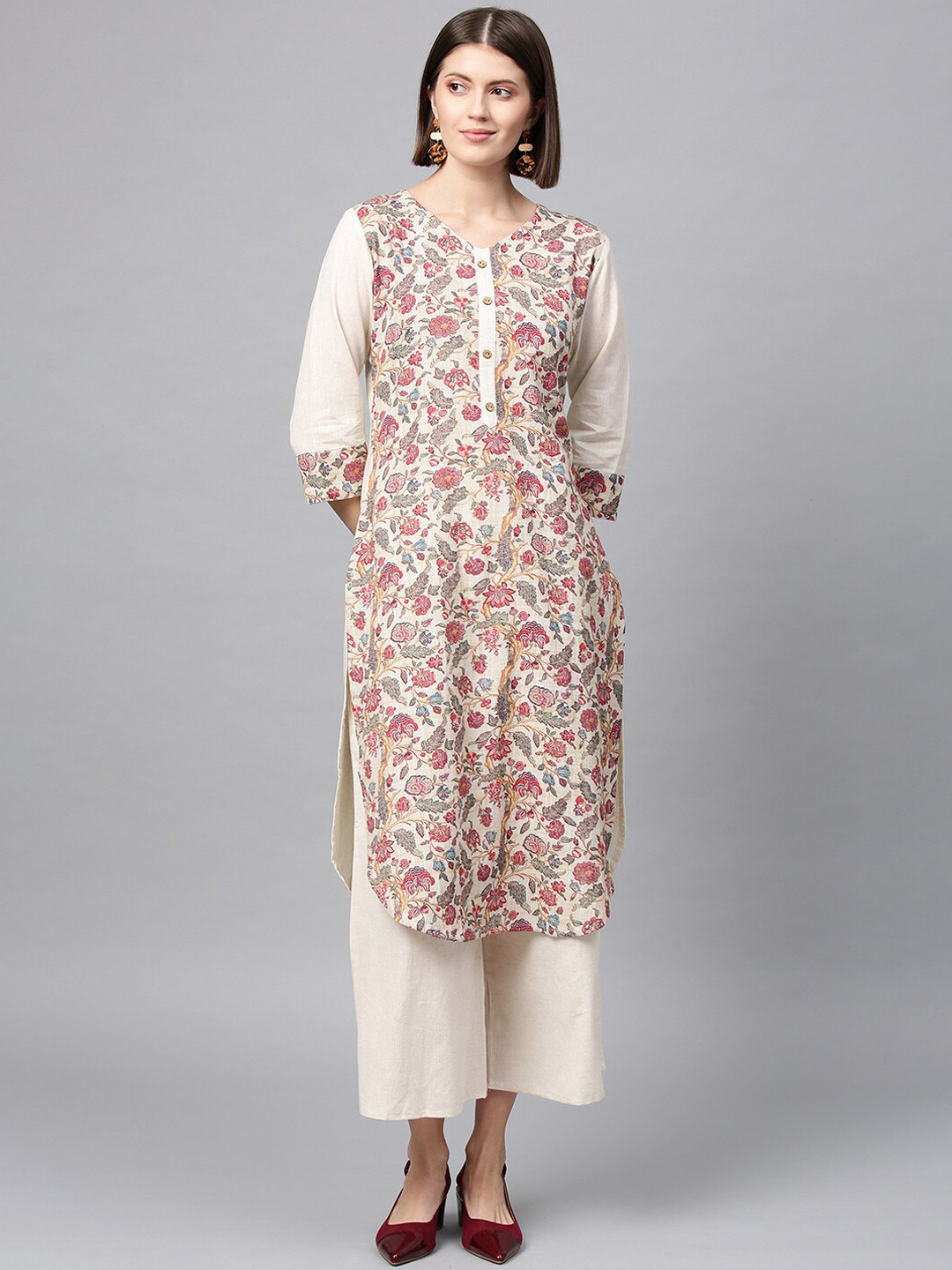 

ZIYAA Women Off-White Woven Design Straight Kurta