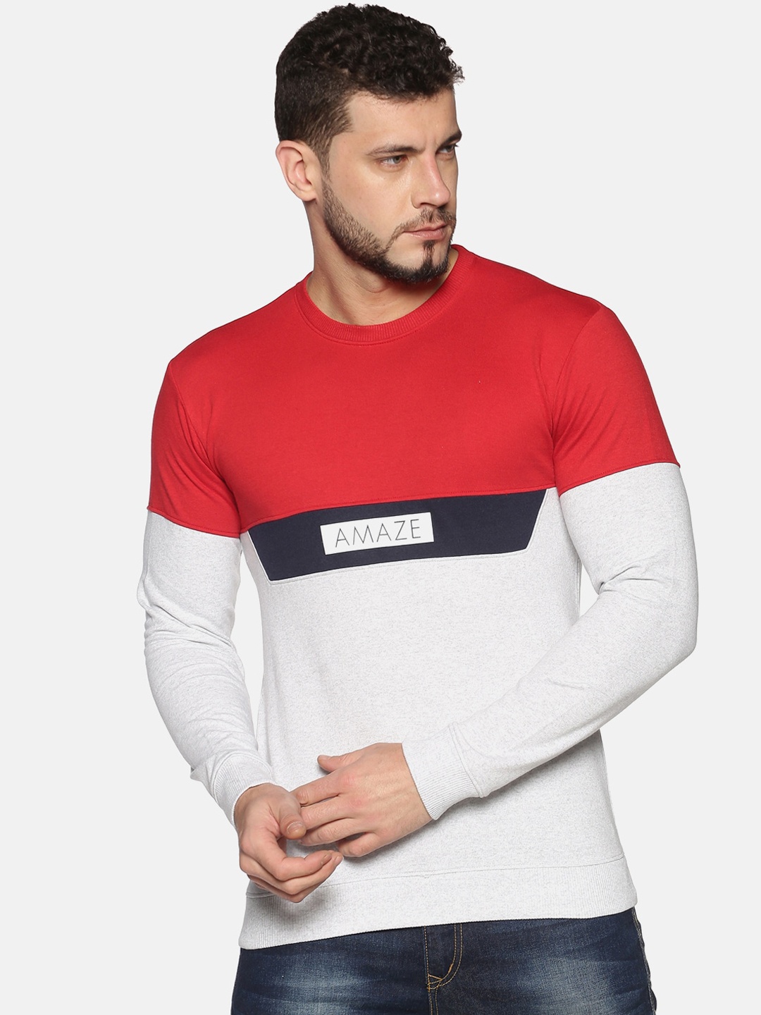 

UrGear Men White & Red Colourblocked Sweatshirt