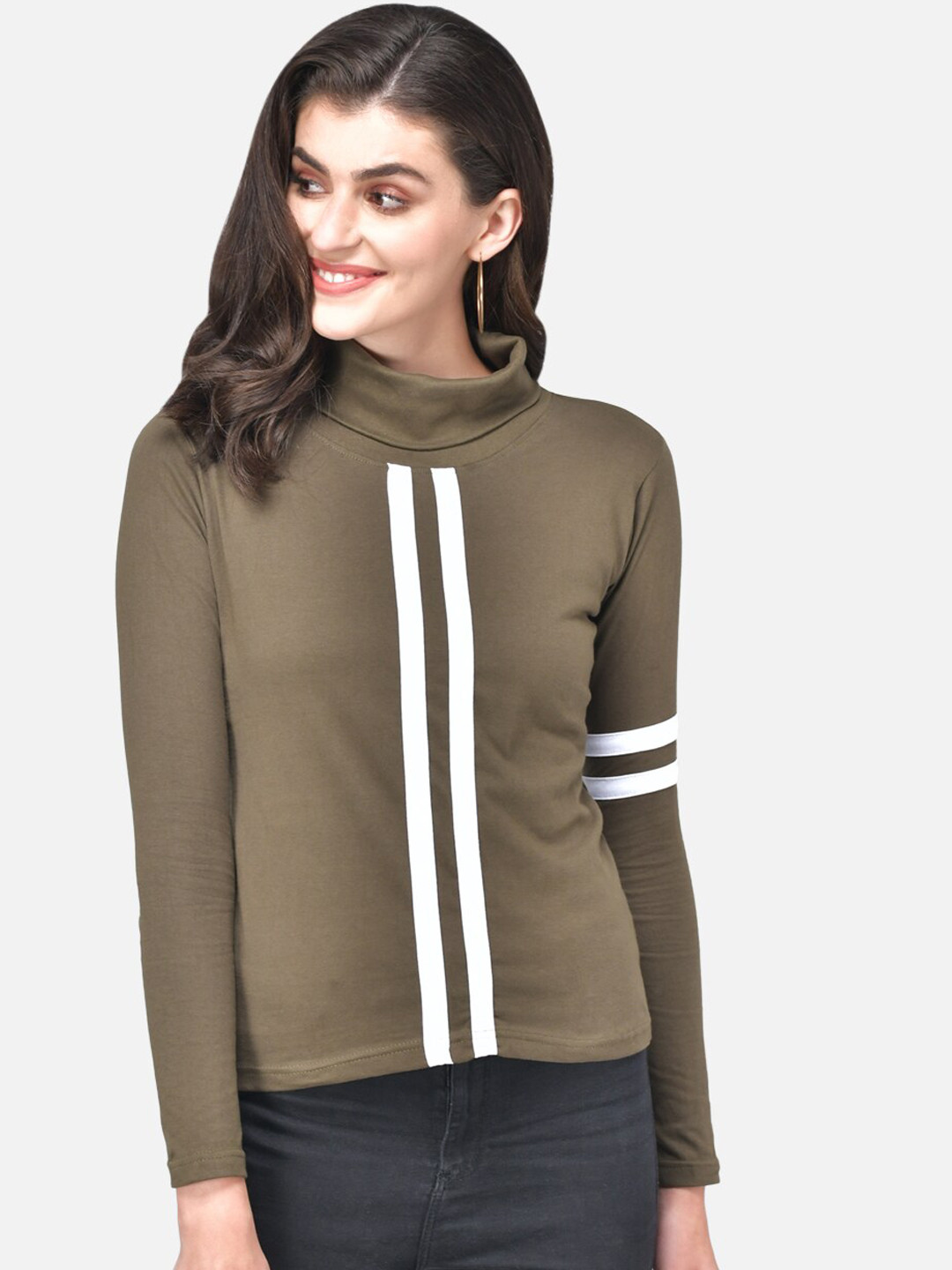 

The Dry State Women Olive Green Striped High Neck T-shirt