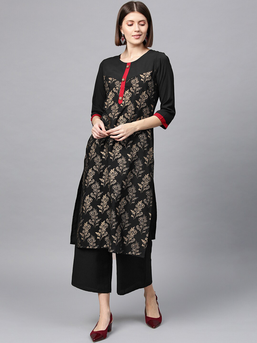 

ZIYAA Women Black Foil Print Straight Kurta