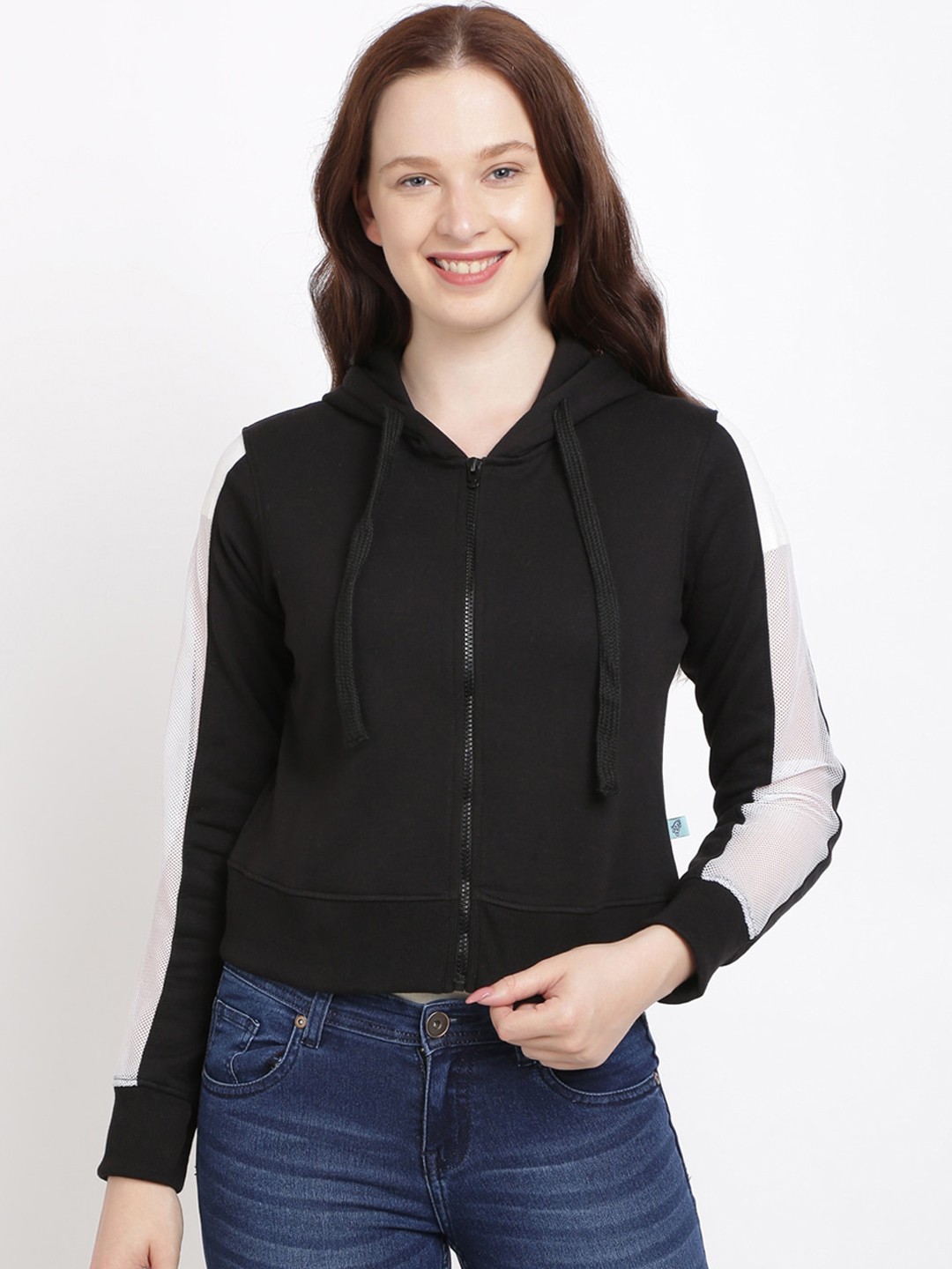 

BEVERLY BLUES Women Black & White Colourblocked Crop Hooded Sweatshirt