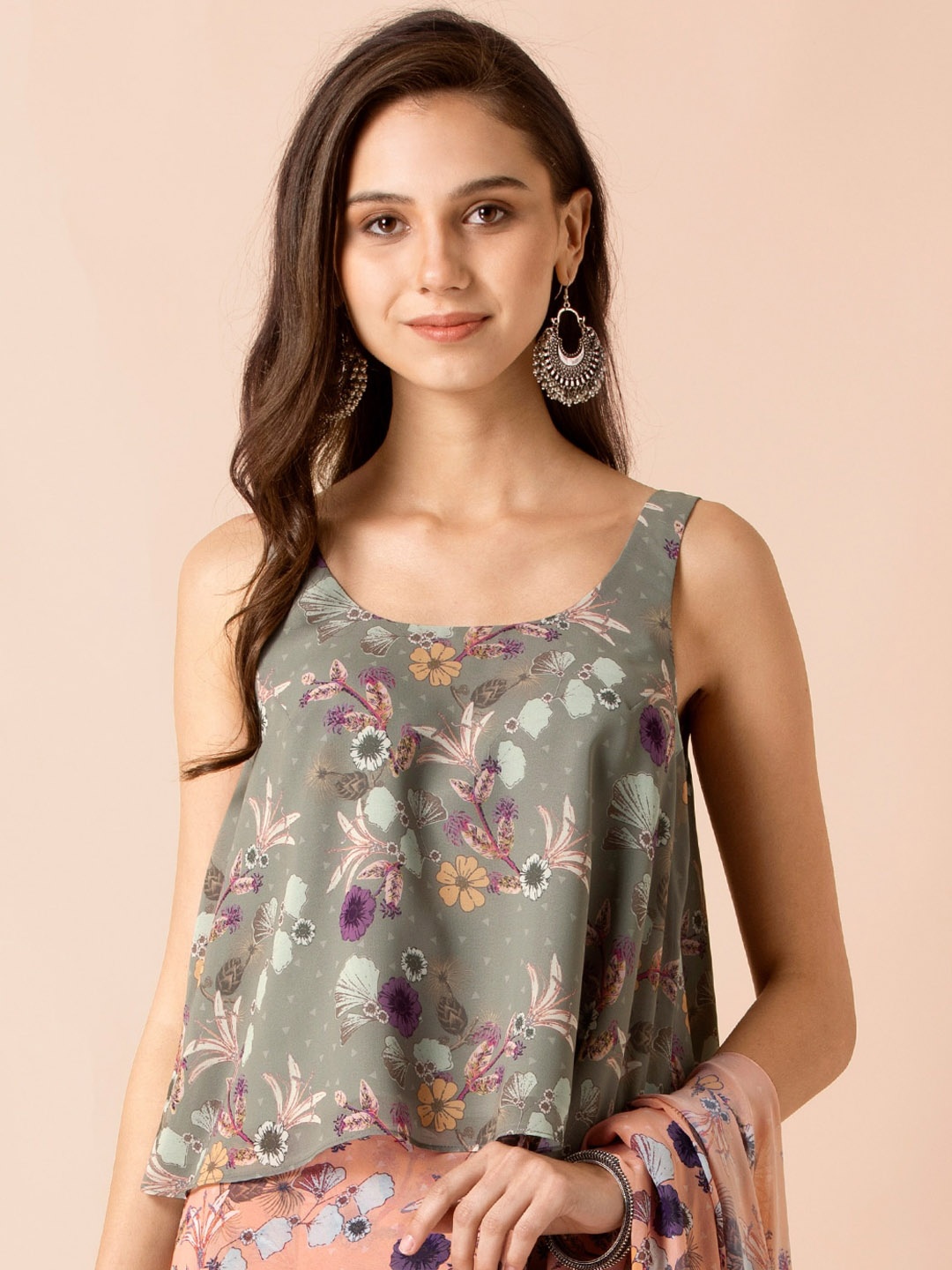 

INDYA X PAYAL SINGHAL Women Grey Printed A-Line Top