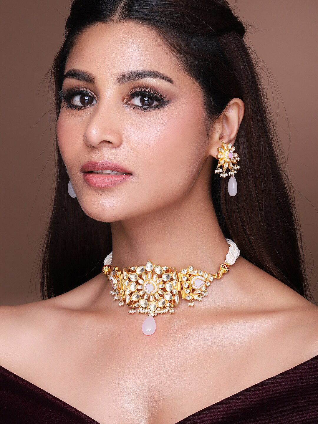 

Rubans 24K Gold-Plated White Pachi Kundan & Pink Gem Stone Studded Handcrafted Jewellery Set