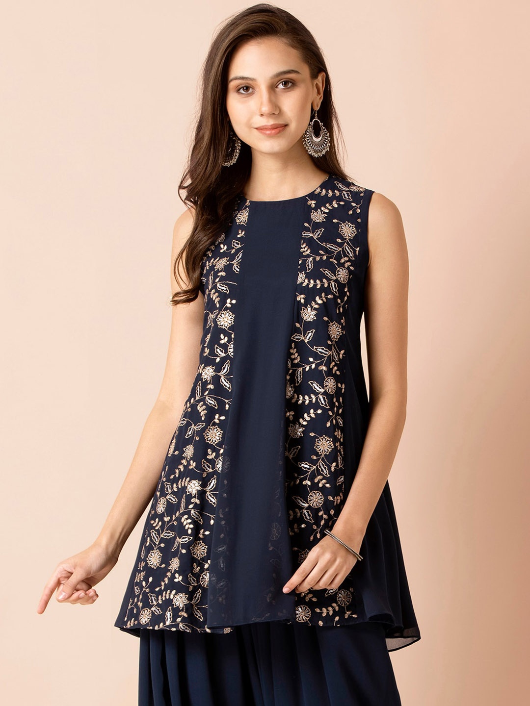 

INDYA Payal Singhal for Indya Navy Sequin Embroidered Panel Kurta, Blue