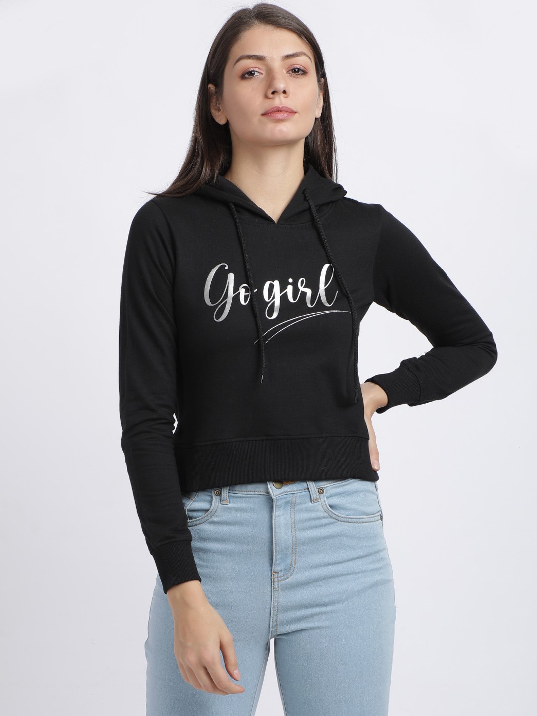 

BEVERLY BLUES Women Black Printed Hooded Sweatshirt