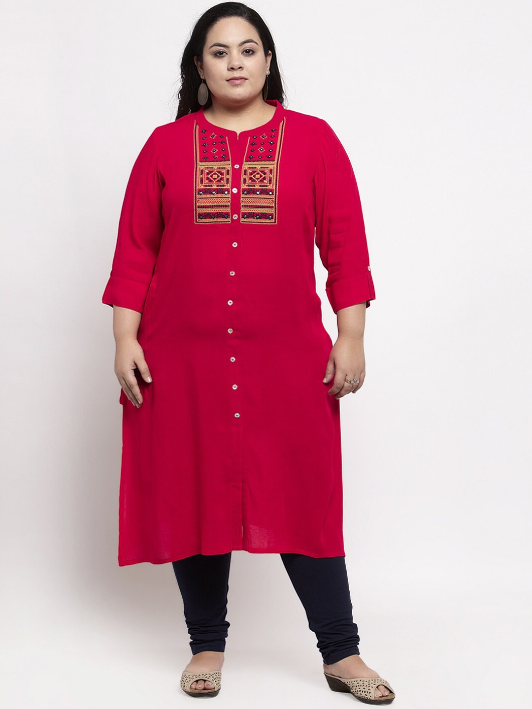 

plusS Women Red Embroidered A-Line Kurta
