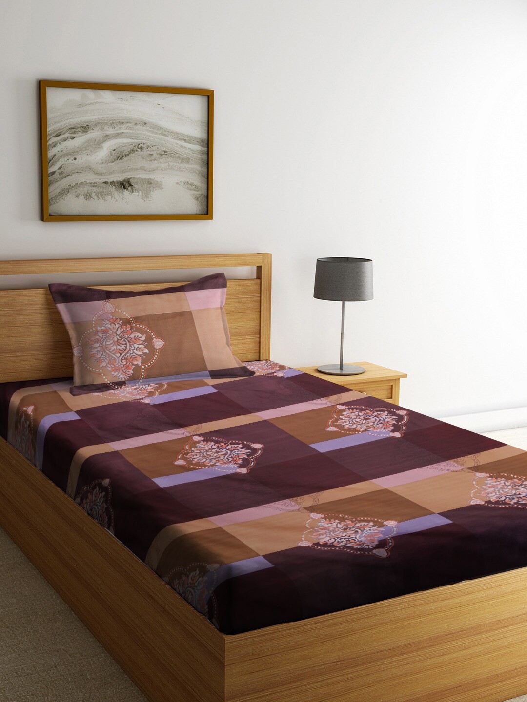 

NEUDIS Brown & Coffee Brown Ethnic Motifs 180 TC Cotton 1 Single Bedsheet with 1 Pillow Covers