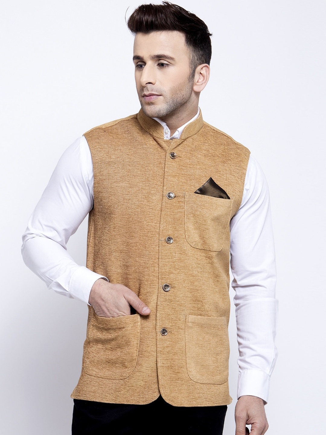 

KLOTTHE Men Beige Woven Design Nehru Jacket