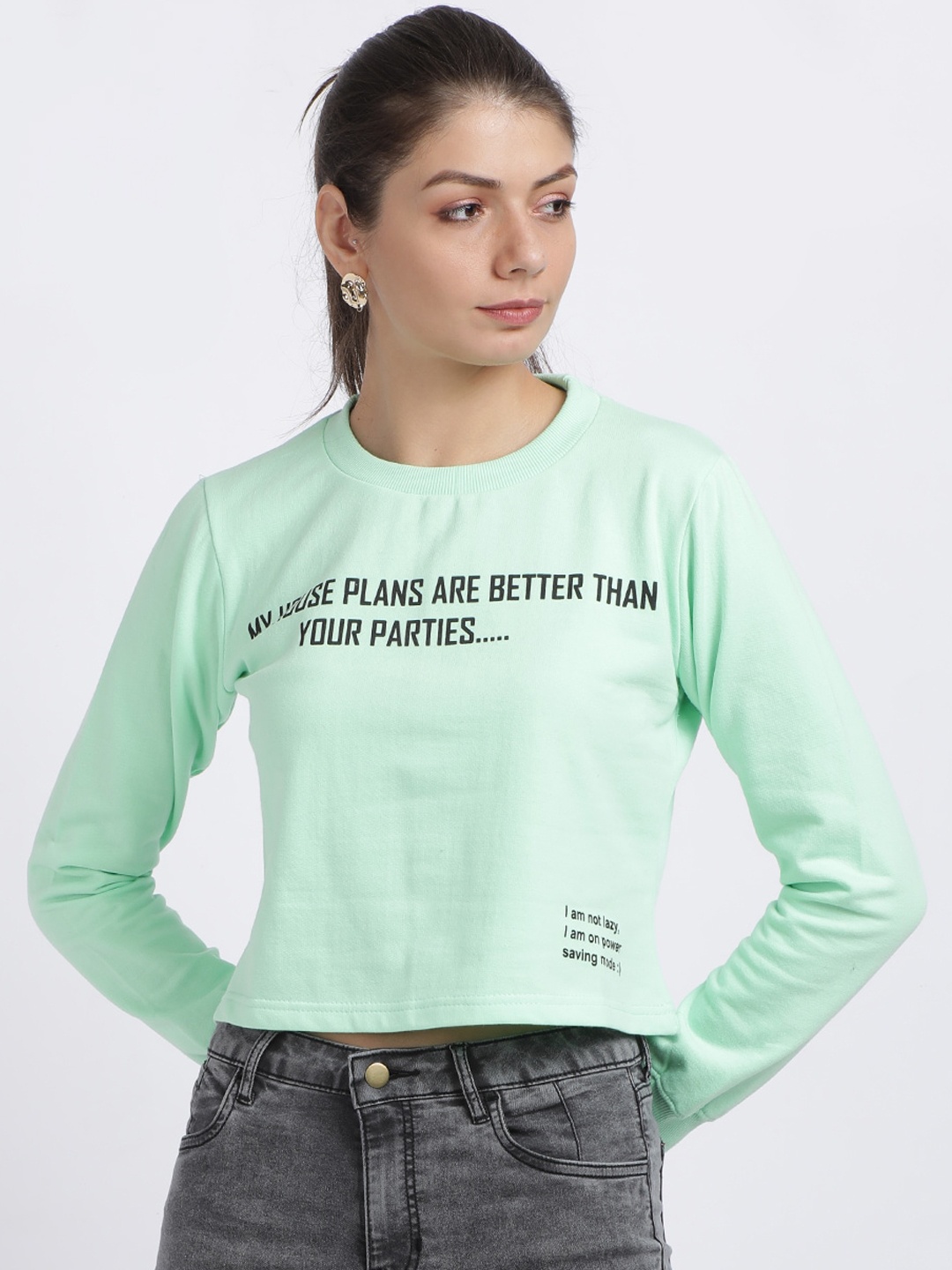 

BEVERLY BLUES Women Sea Green Printed Crop Sweatshirt