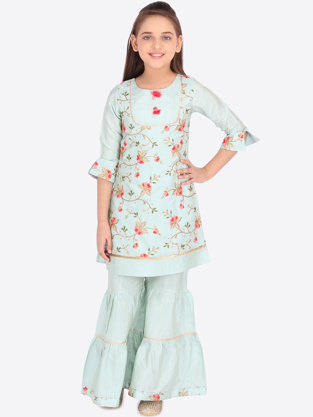 

CUTECUMBER Girls Green & Pink Embroidered Kurti with Sharara