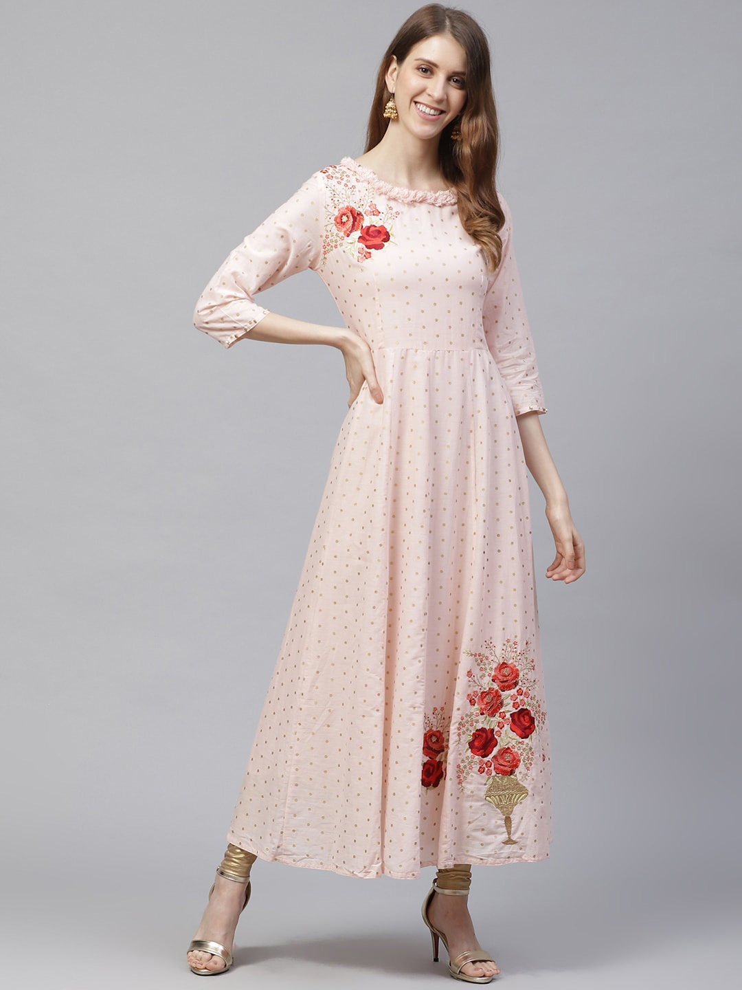 Ishin Women Peach-Coloured Printed Anarkali Kurta