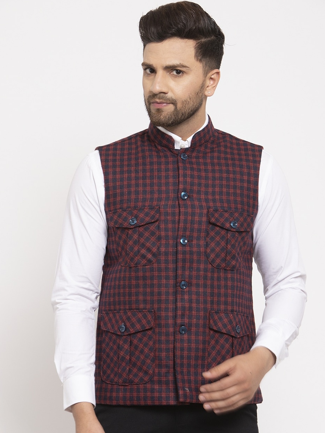 

KLOTTHE Men Maroon & Black Checked Nehru Jacket