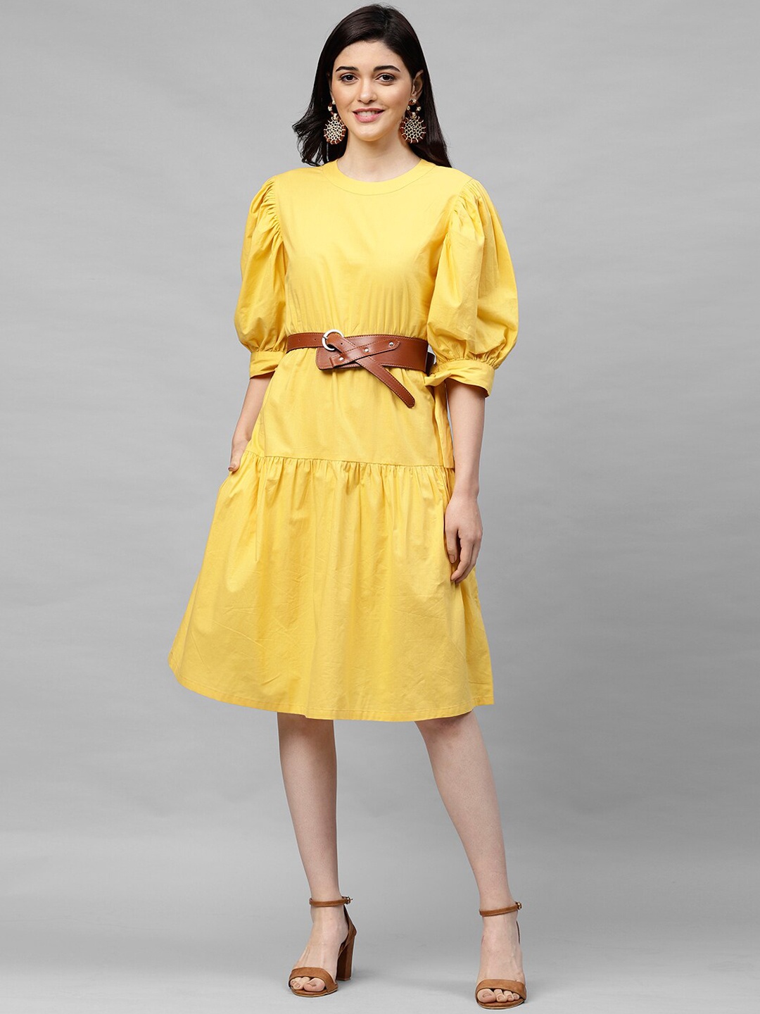 

Athena Women Yellow Solid A-Line Dress