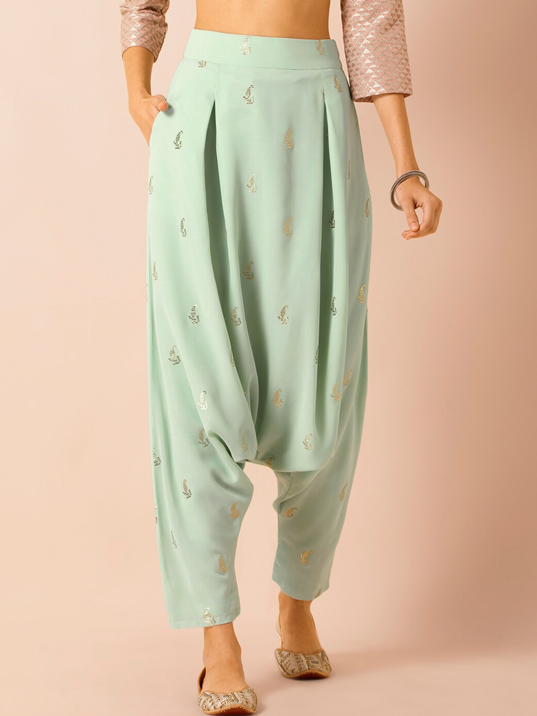 

INDYA X PAYAL SINGHAL Women Mint Green Mukaish Print Dhoti Pants