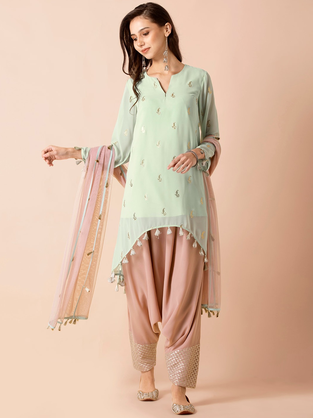 

INDYA X Payal Singhal Women Sea Foam Print High Low Kurta, Green