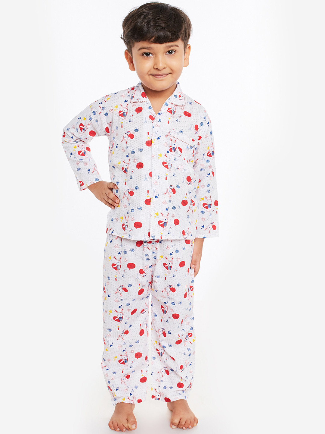

Fuzzy Bear Infant Boys White & Blue Printed Sustainable Night Suit